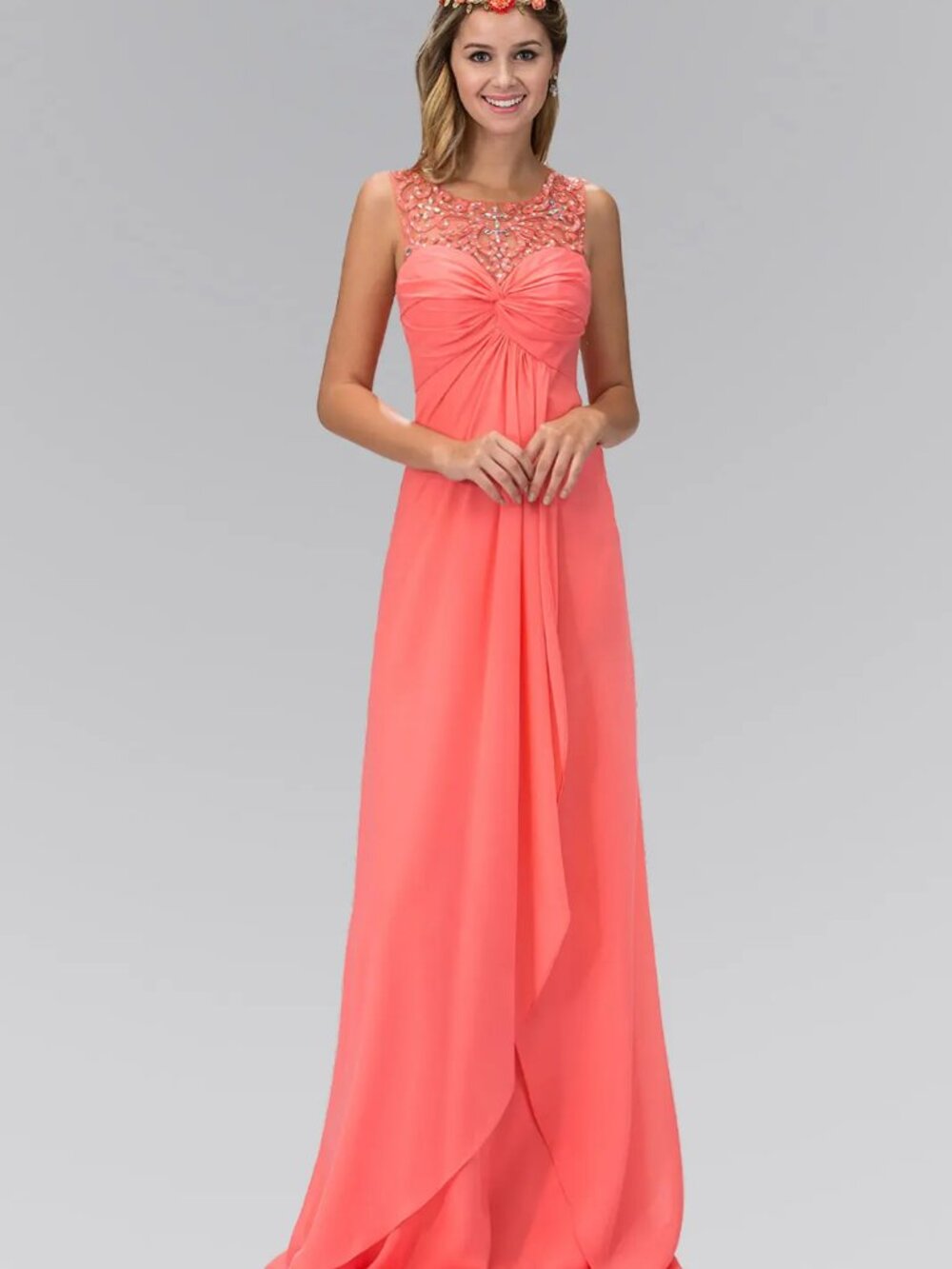 NEW CORAL Chiffon & Beaded Illusion Neckline Prom Gown GL2061